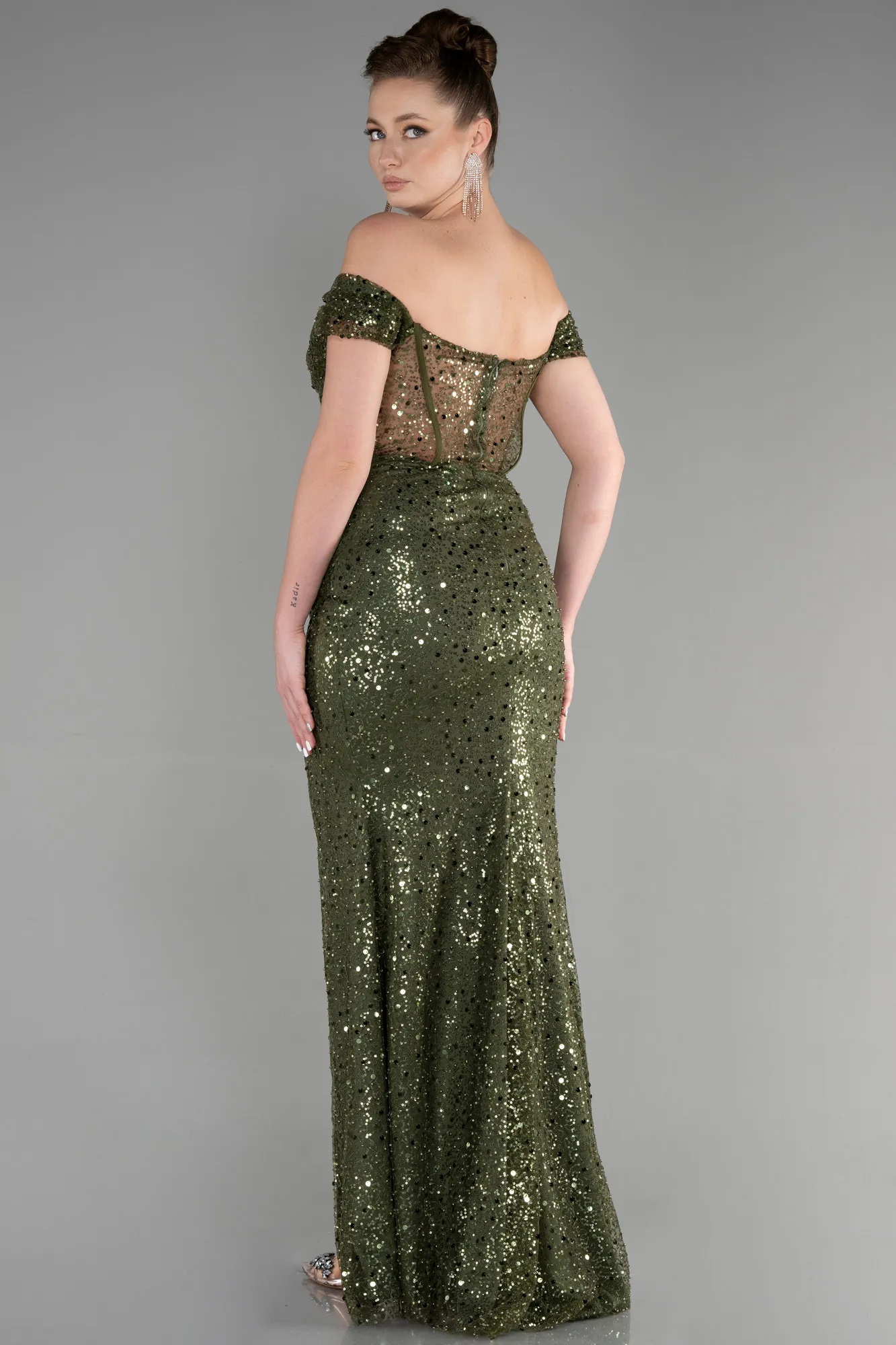 Olive Drab-Long Scaly Evening Dress ABU3498