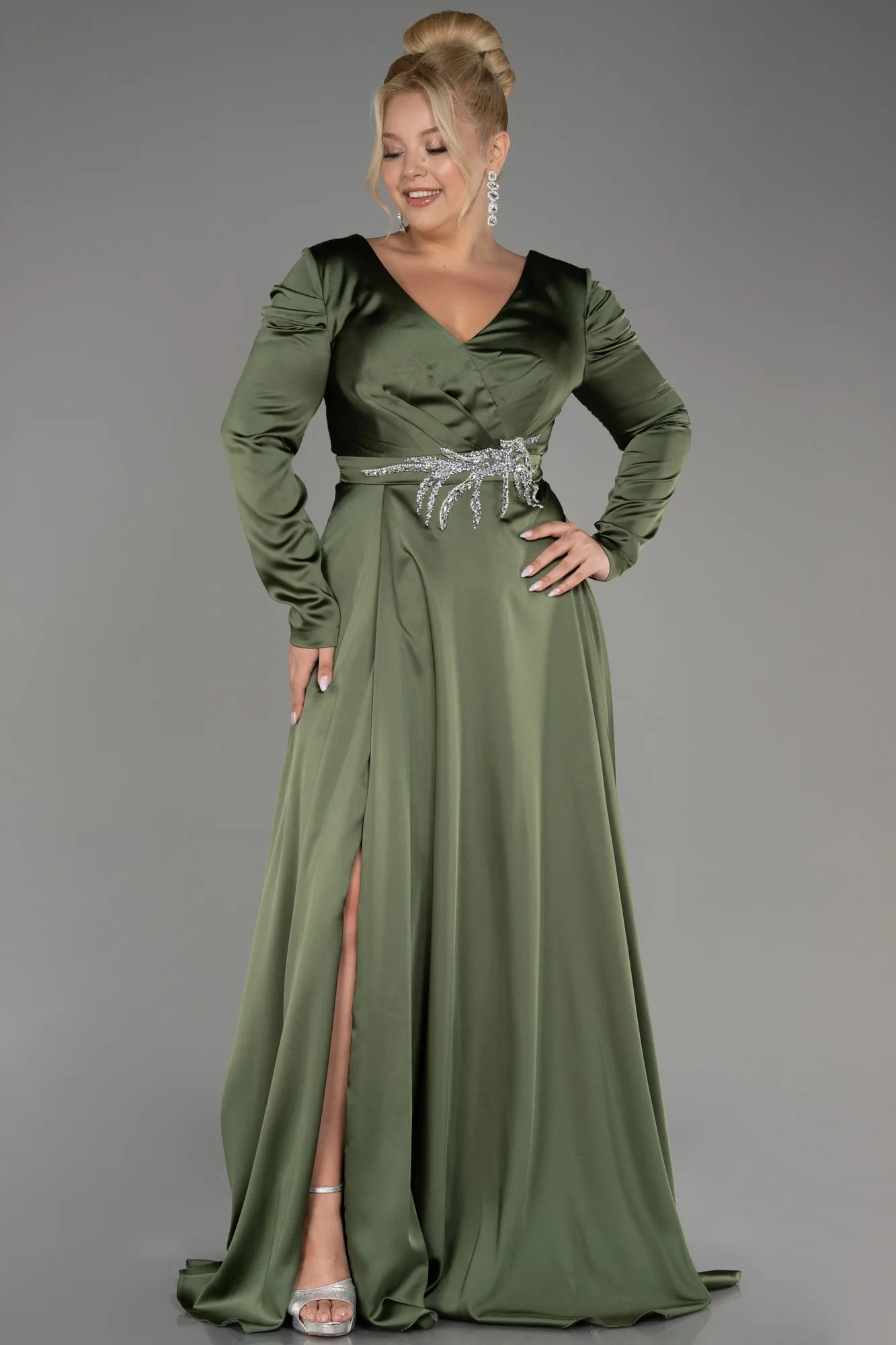 Olive Drab-Long Sleeve Satin Plus Size Evening Dress ABU3941