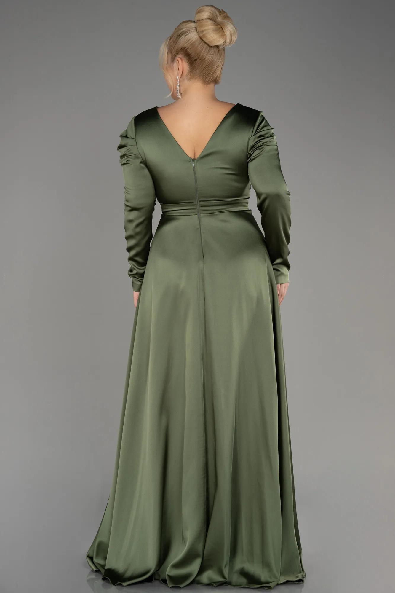 Olive Drab-Long Sleeve Satin Plus Size Evening Dress ABU3941