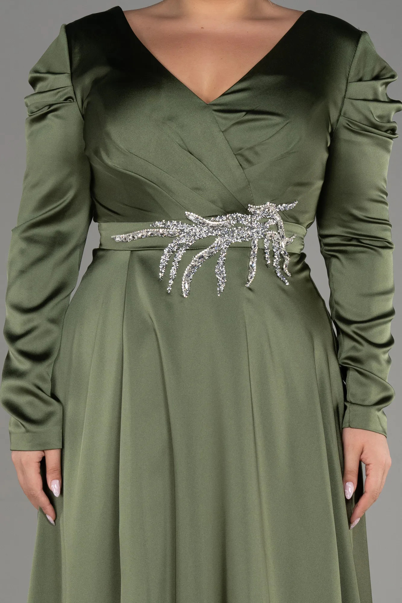 Olive Drab-Long Sleeve Satin Plus Size Evening Dress ABU3941