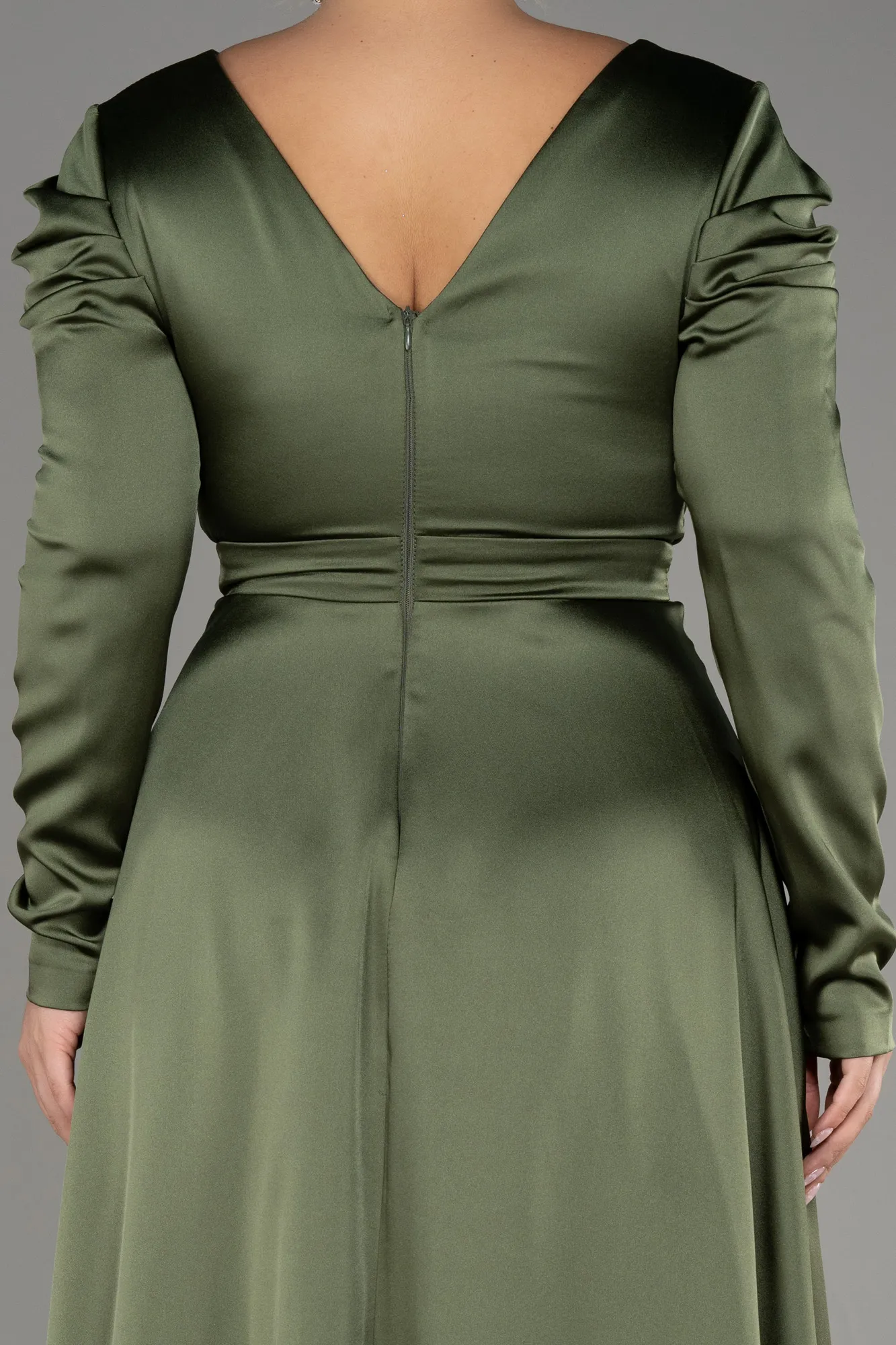 Olive Drab-Long Sleeve Satin Plus Size Evening Dress ABU3941