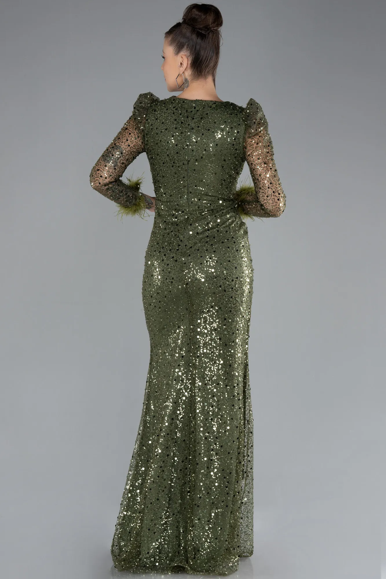 Olive Drab-Long Sleeve Scaly Evening Dress ABU3860