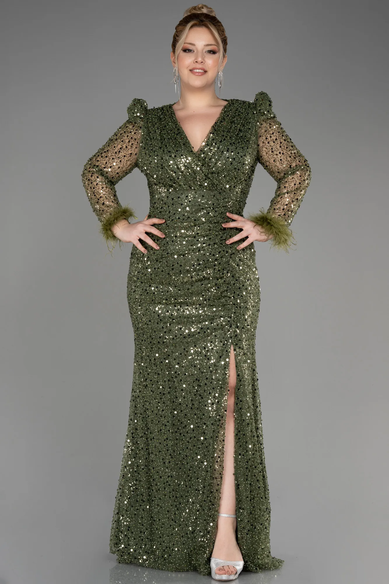 Olive Drab-Long Sleeve Scaly Plus Size Evening Dress ABU3861