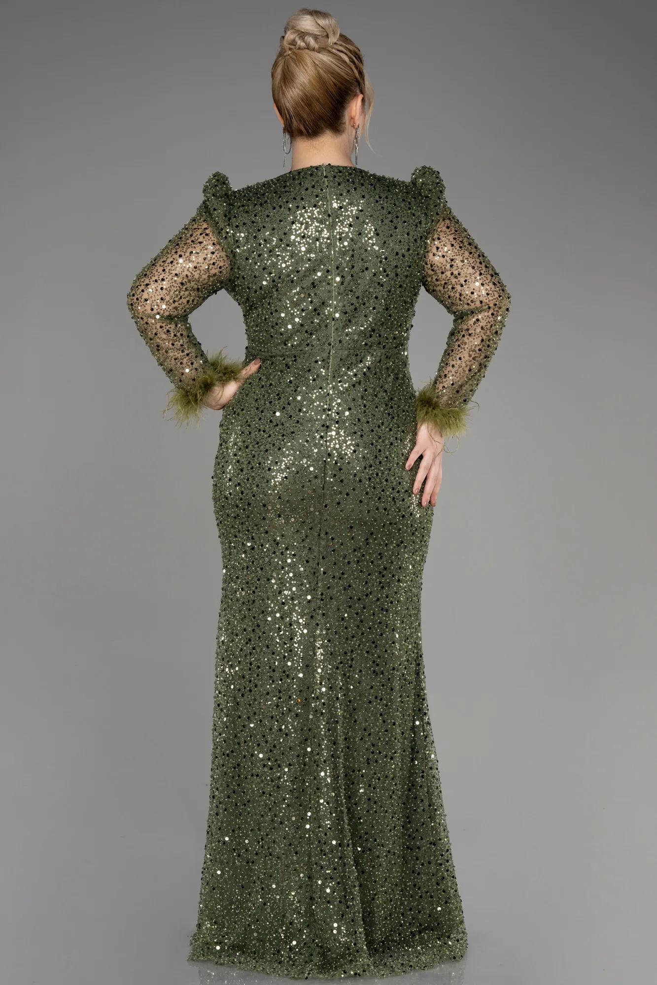 Olive Drab-Long Sleeve Scaly Plus Size Evening Dress ABU3861