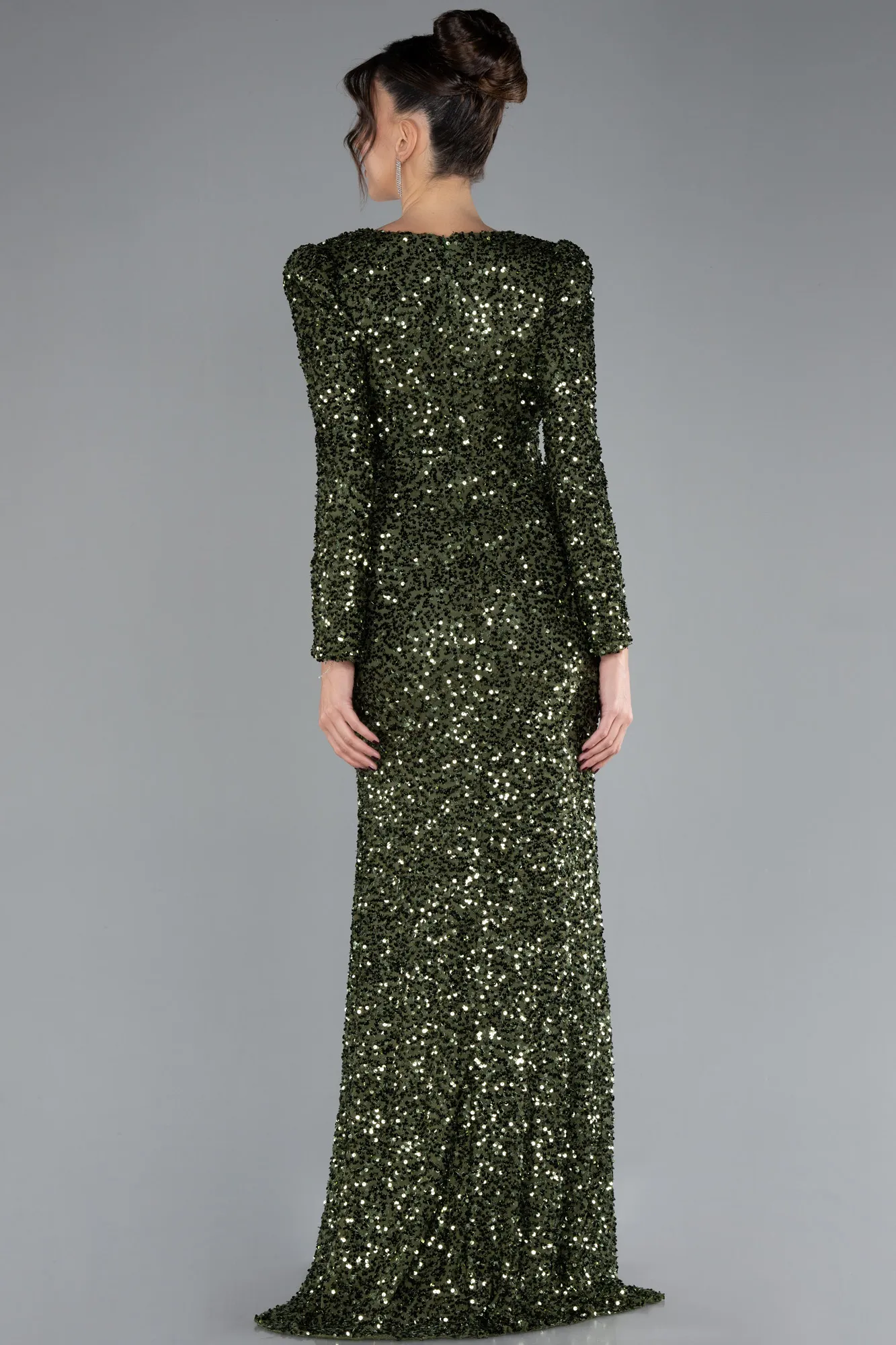 Olive Drab-Long Sleeve Slit Sequined Evening Gown ABU4329