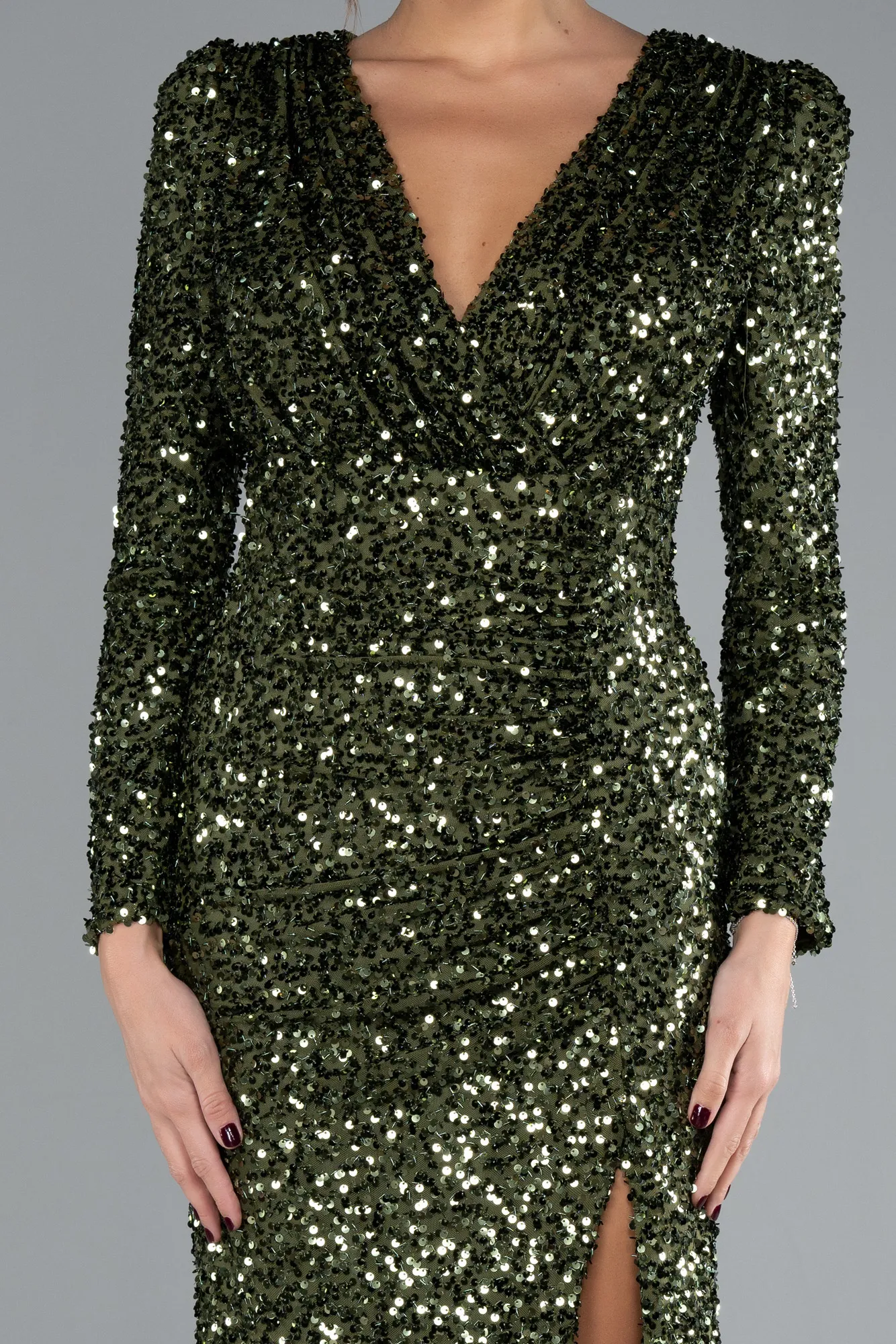 Olive Drab-Long Sleeve Slit Sequined Evening Gown ABU4329