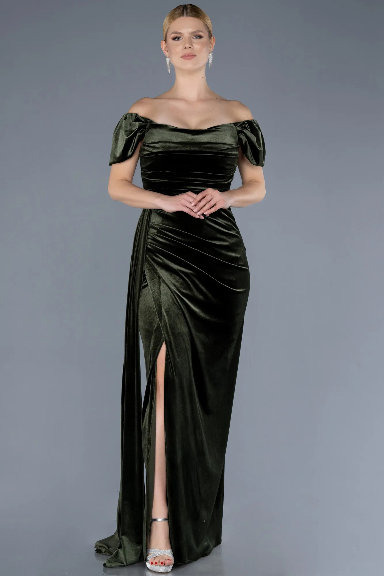 Olive Drab-Long Velvet Evening Dress ABU1990