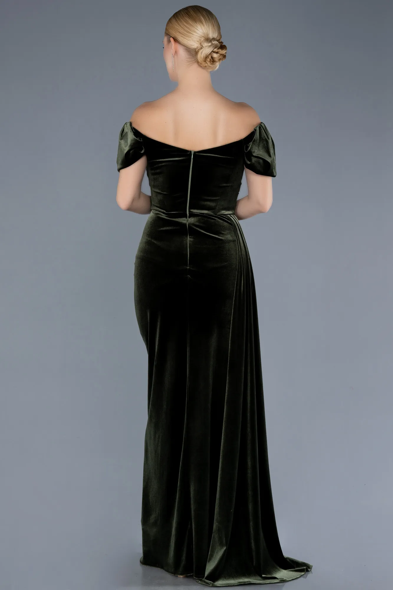 Olive Drab-Long Velvet Evening Dress ABU1990