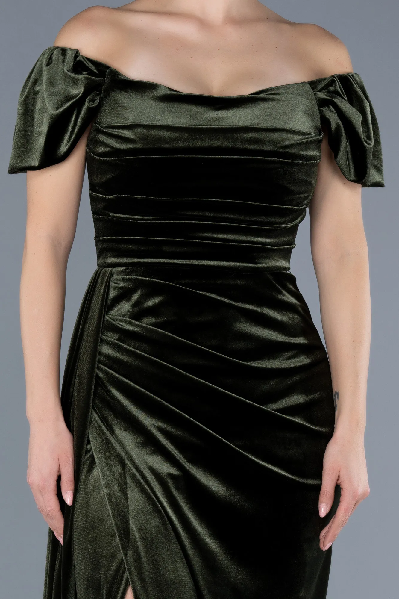 Olive Drab-Long Velvet Evening Dress ABU1990