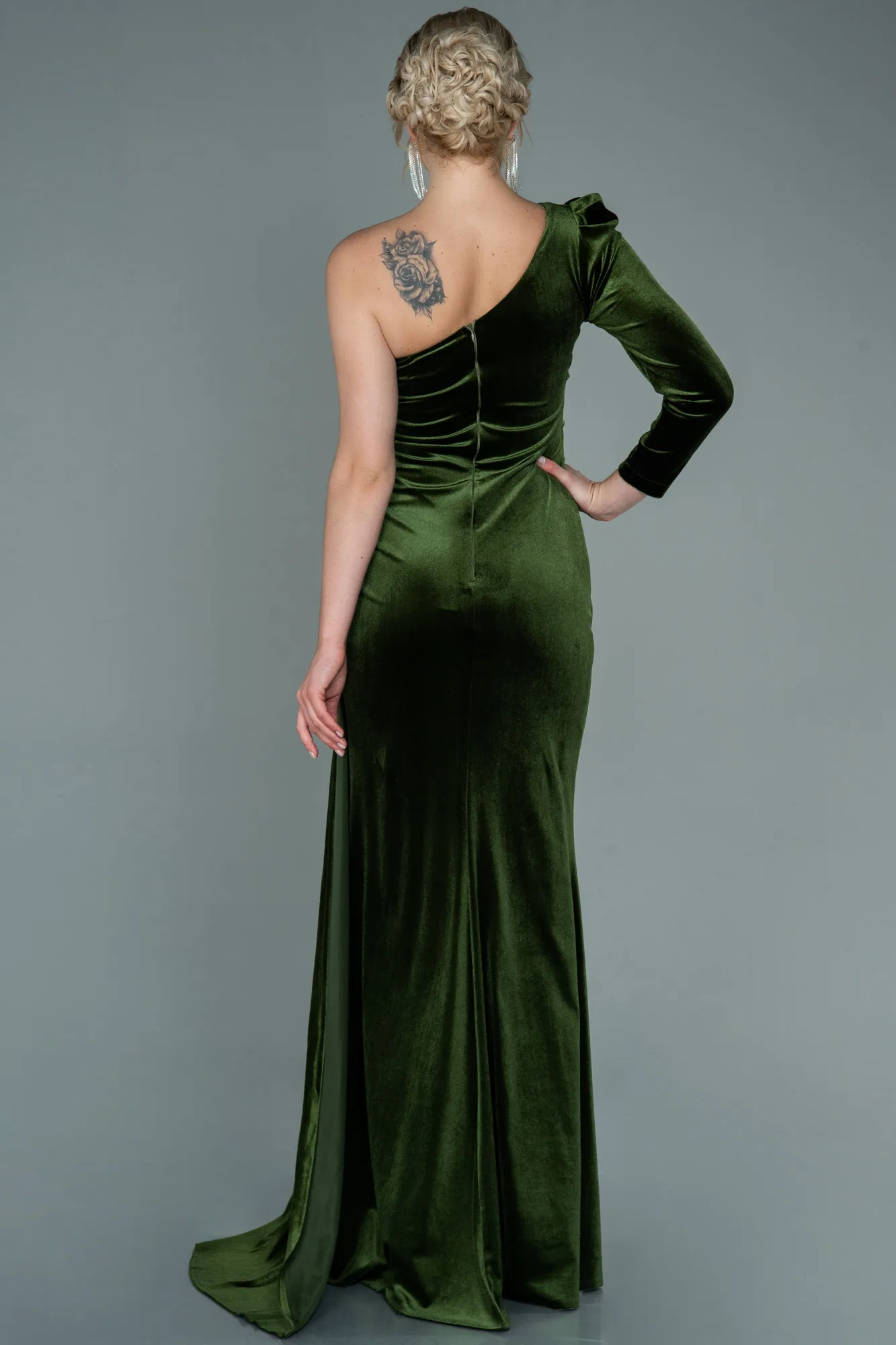 Olive Drab-Long Velvet Evening Dress ABU2655