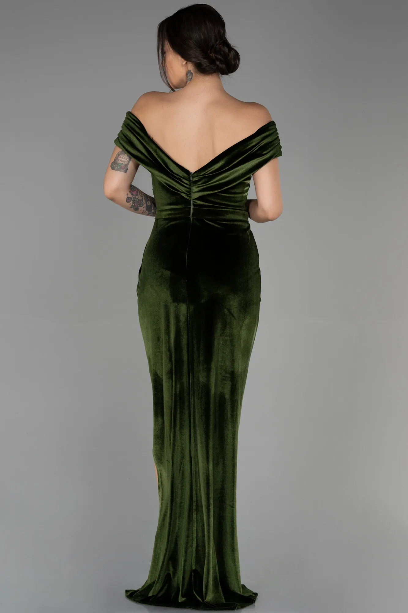 Olive Drab-Long Velvet Evening Dress ABU3330