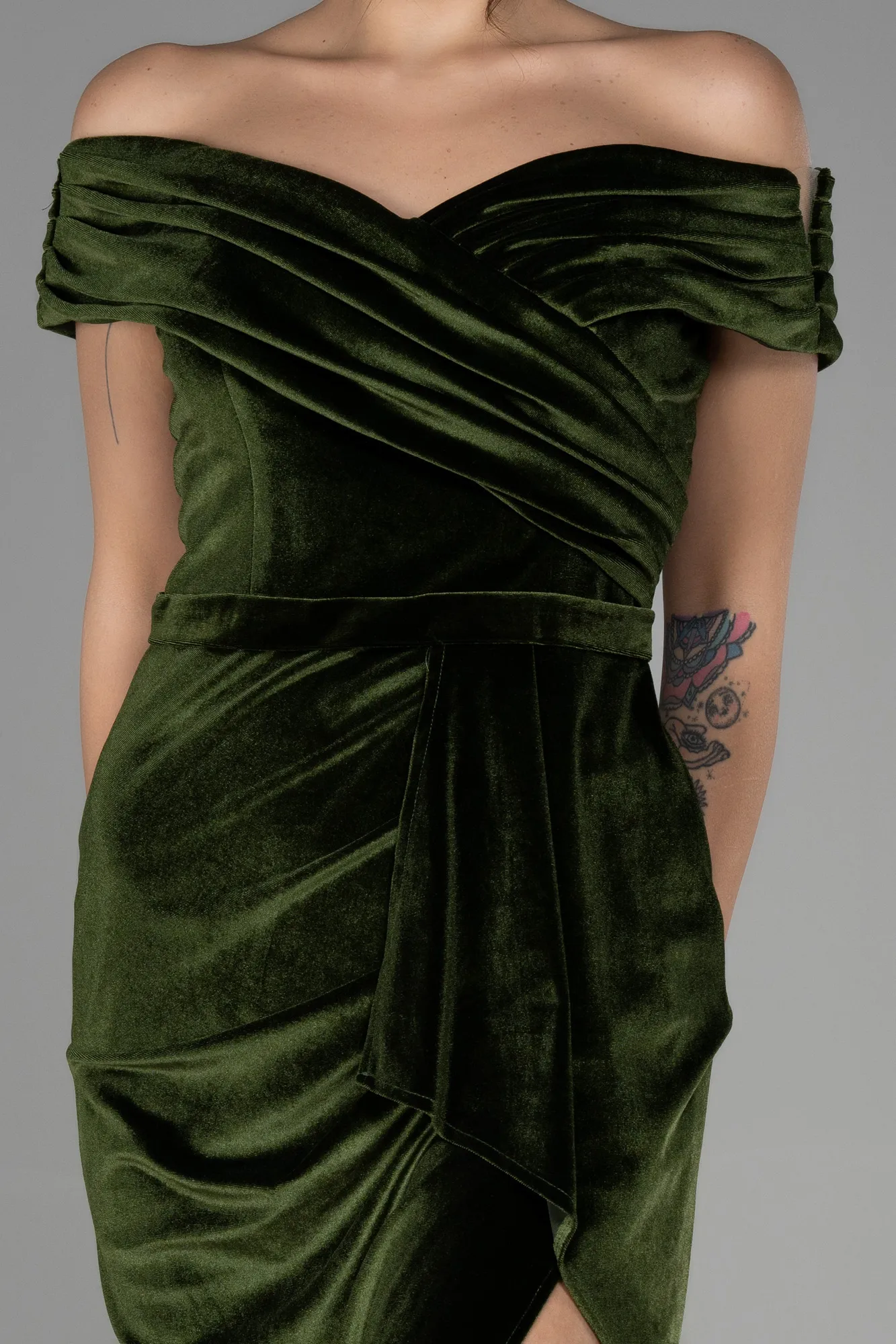 Olive Drab-Long Velvet Evening Dress ABU3330