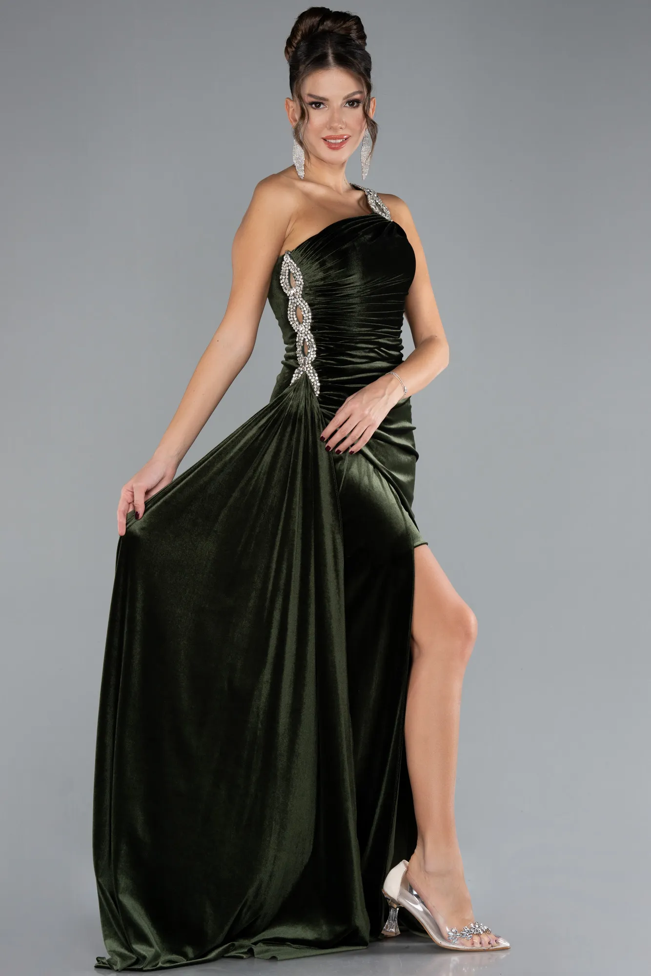 Olive Drab-Long Velvet Evening Dress ABU3365