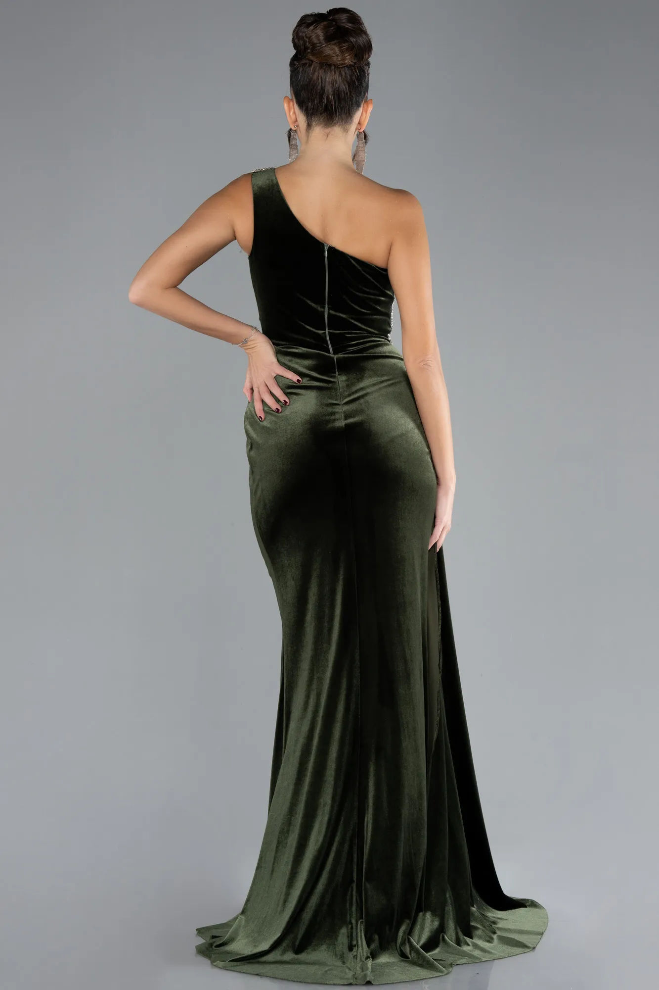 Olive Drab-Long Velvet Evening Dress ABU3365