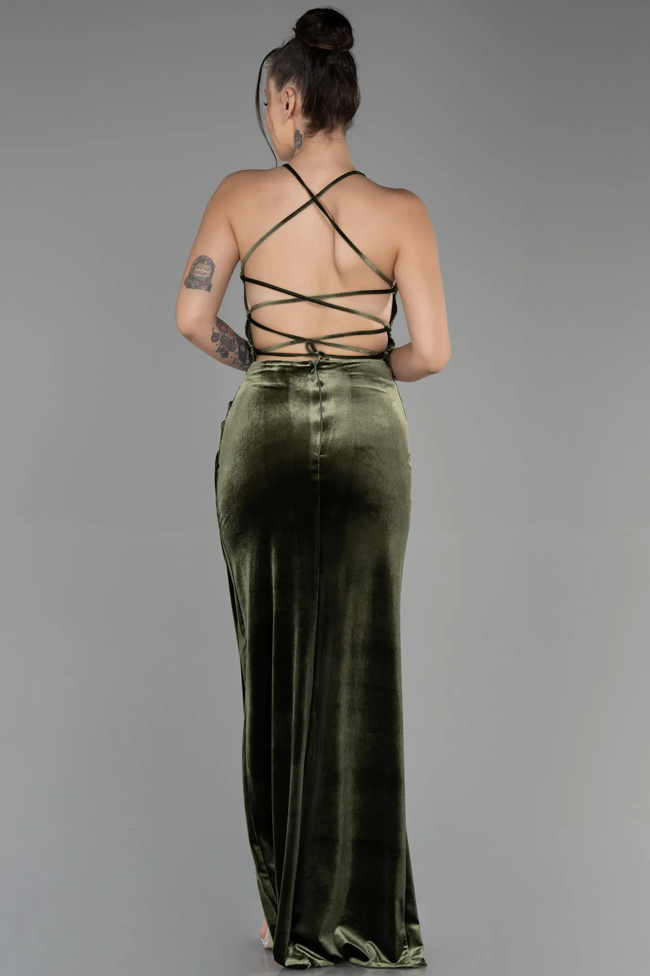 Olive Drab-Long Velvet Evening Dress ABU3366