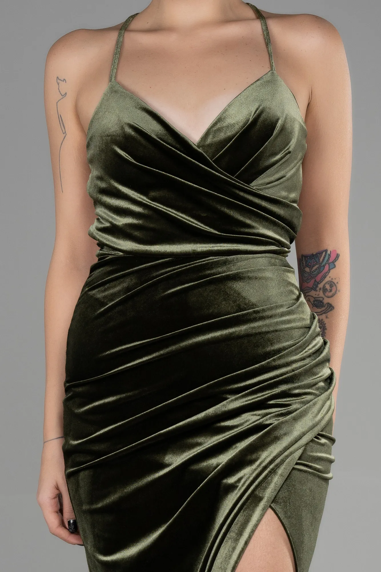 Olive Drab-Long Velvet Evening Dress ABU3366