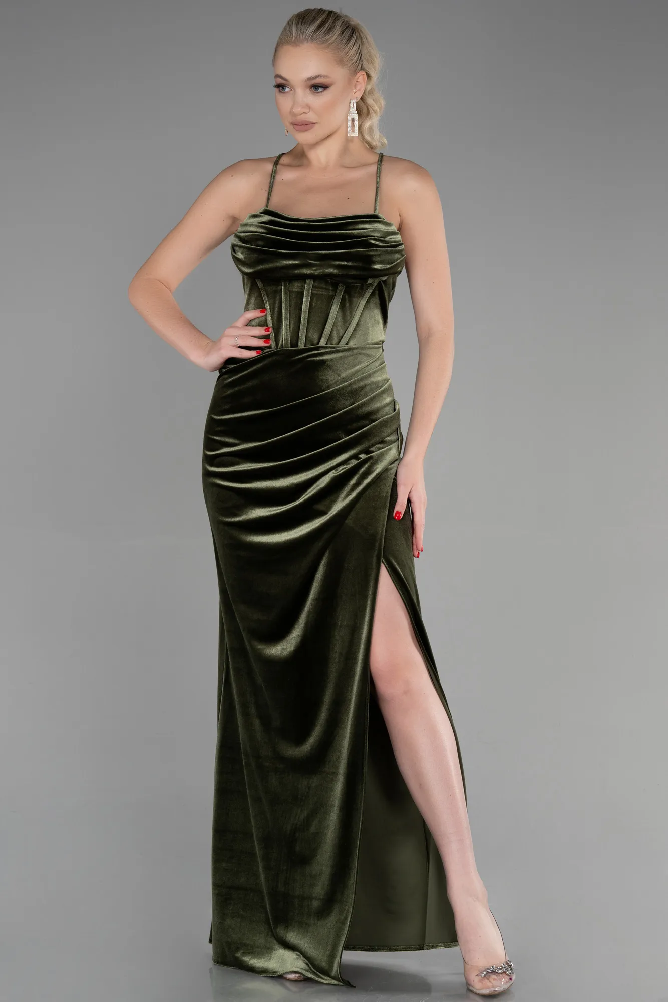 Olive Drab-Long Velvet Evening Dress ABU3395