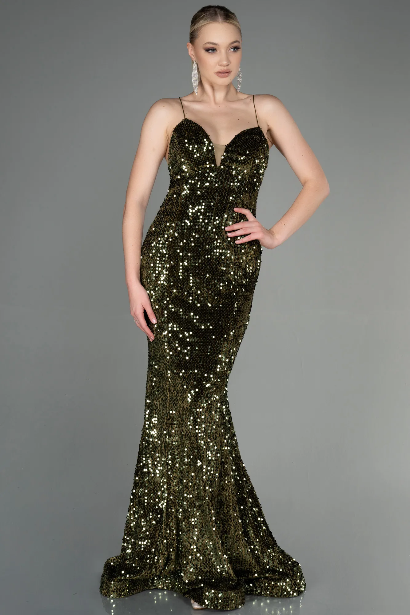 Olive Drab-Long Velvet Mermaid Evening Dress ABU2787