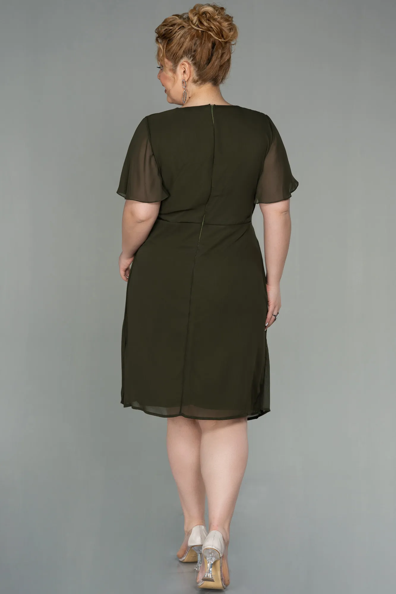 Olive Drab-Midi Chiffon Plus Size Evening Dress ABK1660