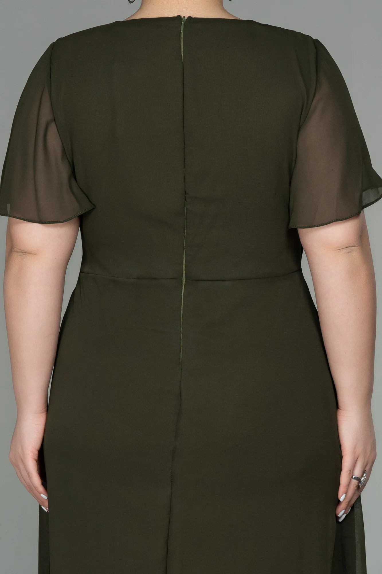 Olive Drab-Midi Chiffon Plus Size Evening Dress ABK1660