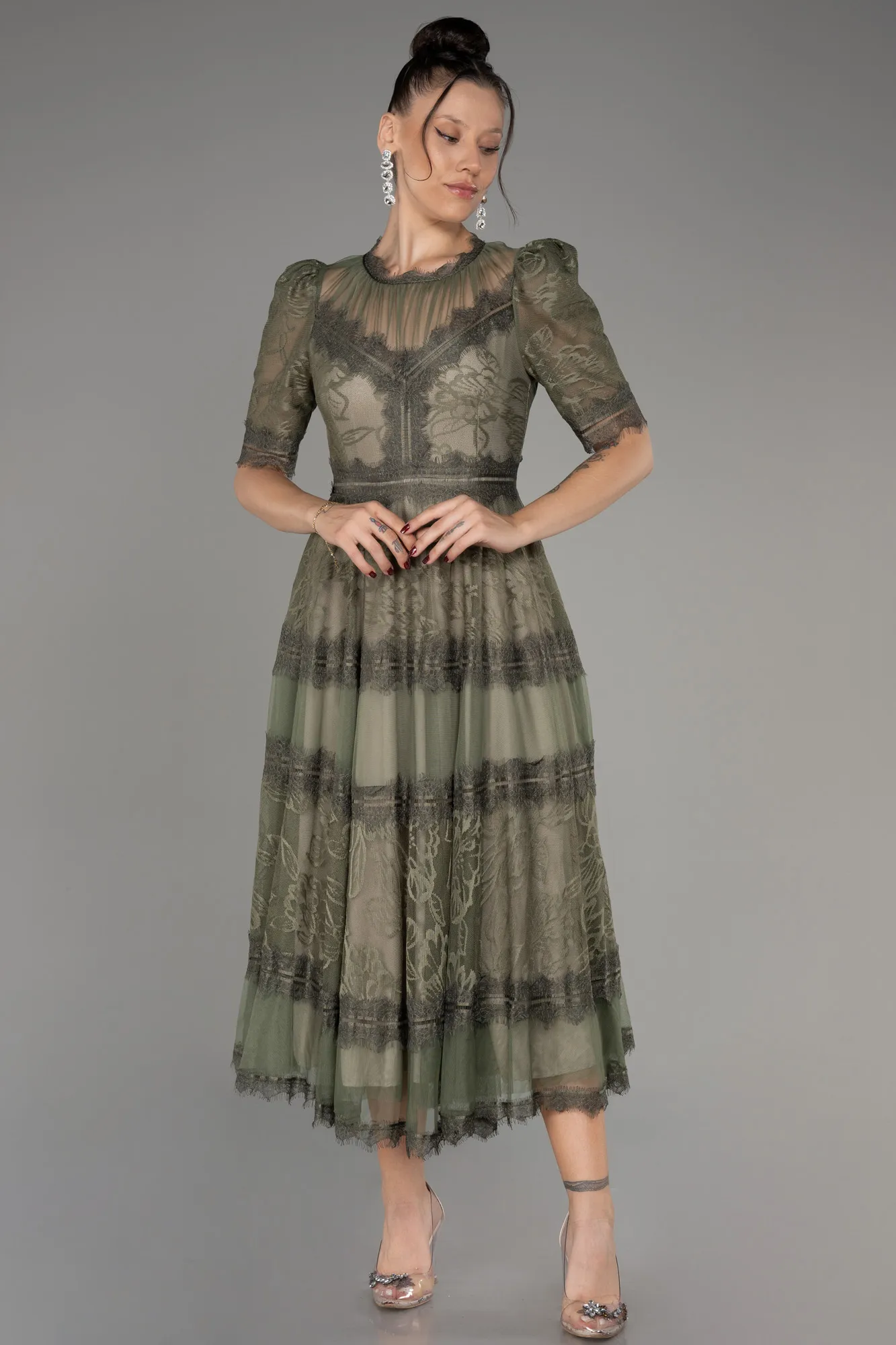 Olive Drab-Midi Dantelle Night Dress ABK1388