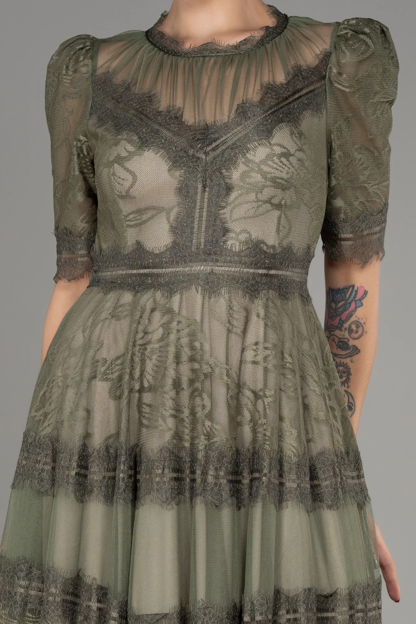 Olive Drab-Midi Dantelle Night Dress ABK1388