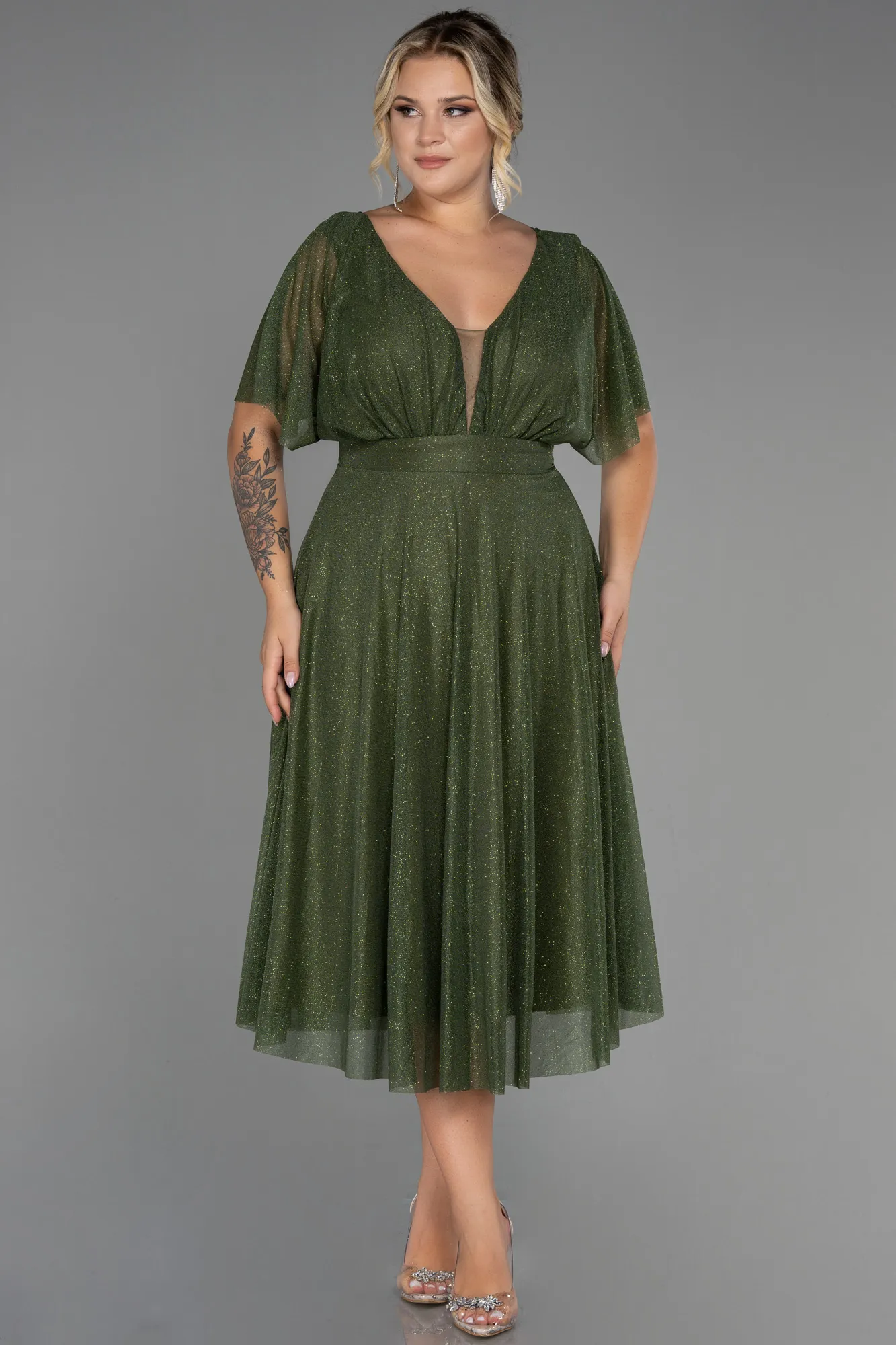 Olive Drab-Midi Plus Size Evening Dress ABK1253