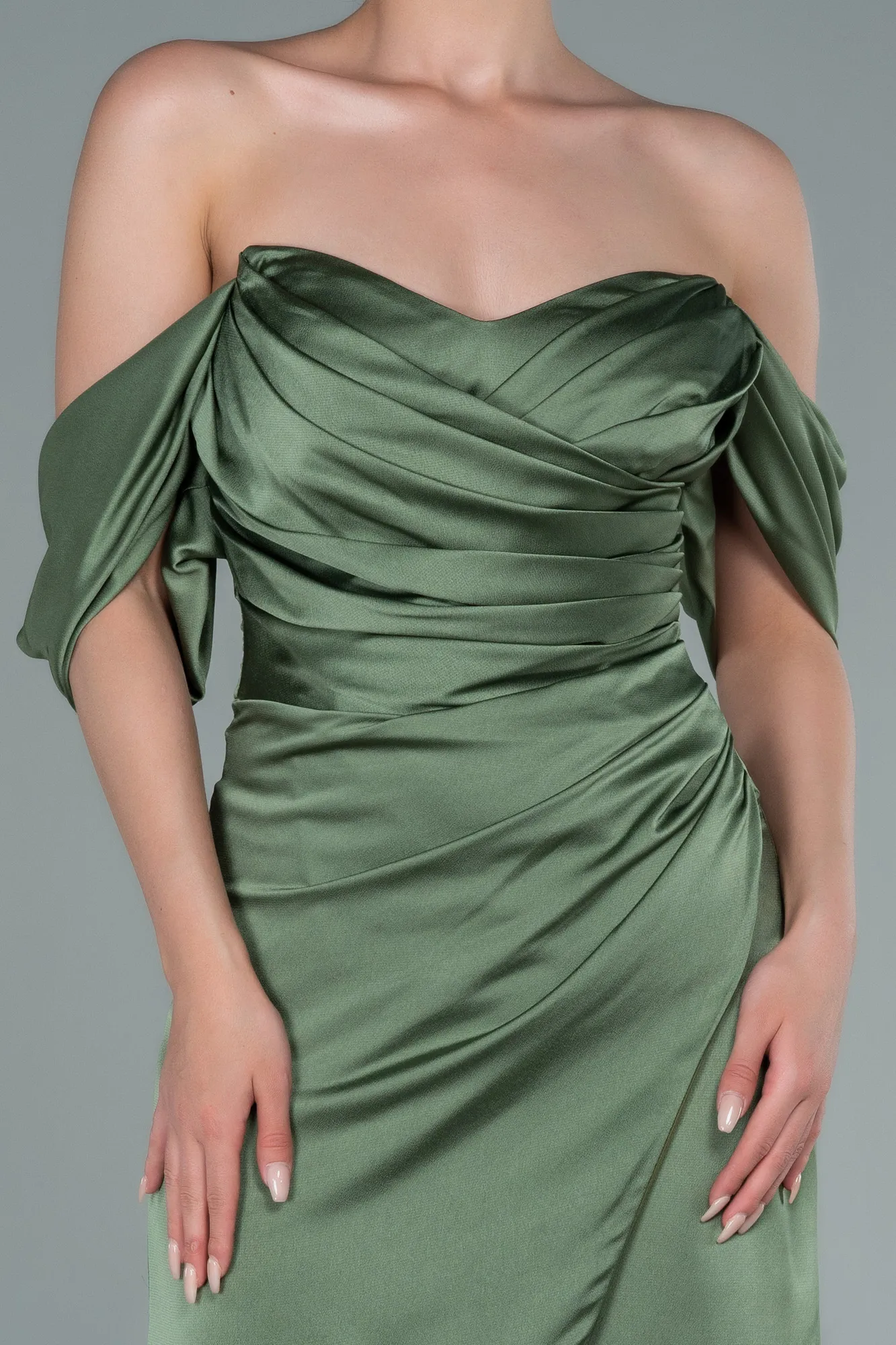 Olive Drab-Midi Satin Invitation Dress ABK1404