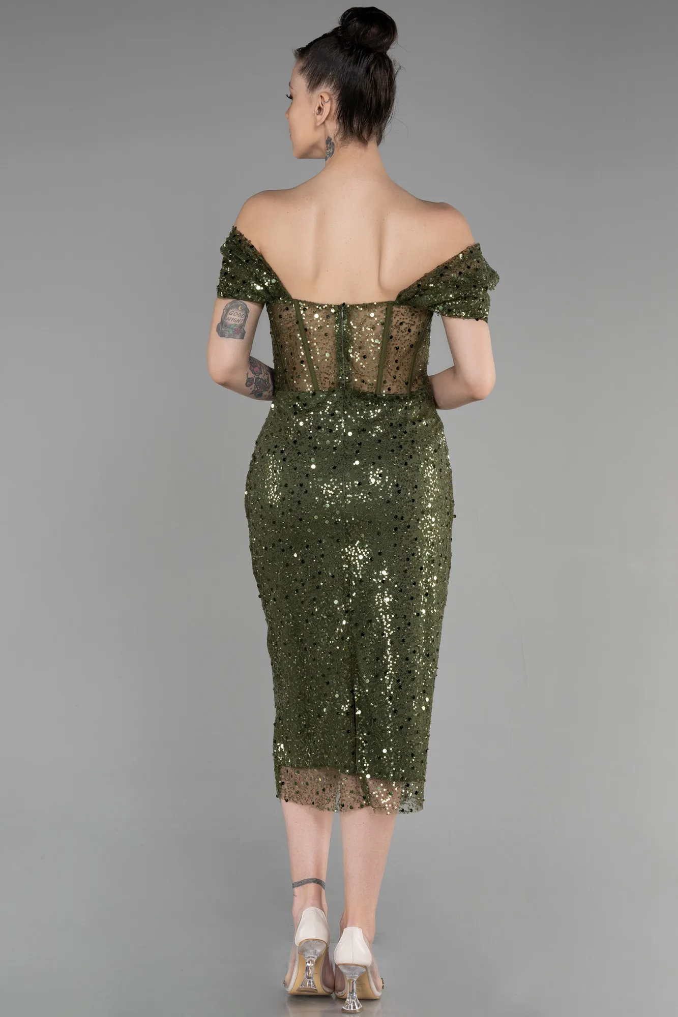 Olive Drab-Midi Scaly Party Dress ABK1939