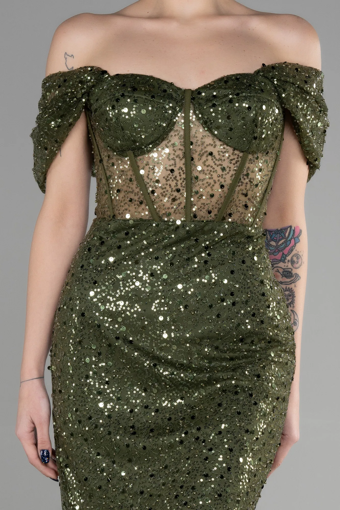 Olive Drab-Midi Scaly Party Dress ABK1939