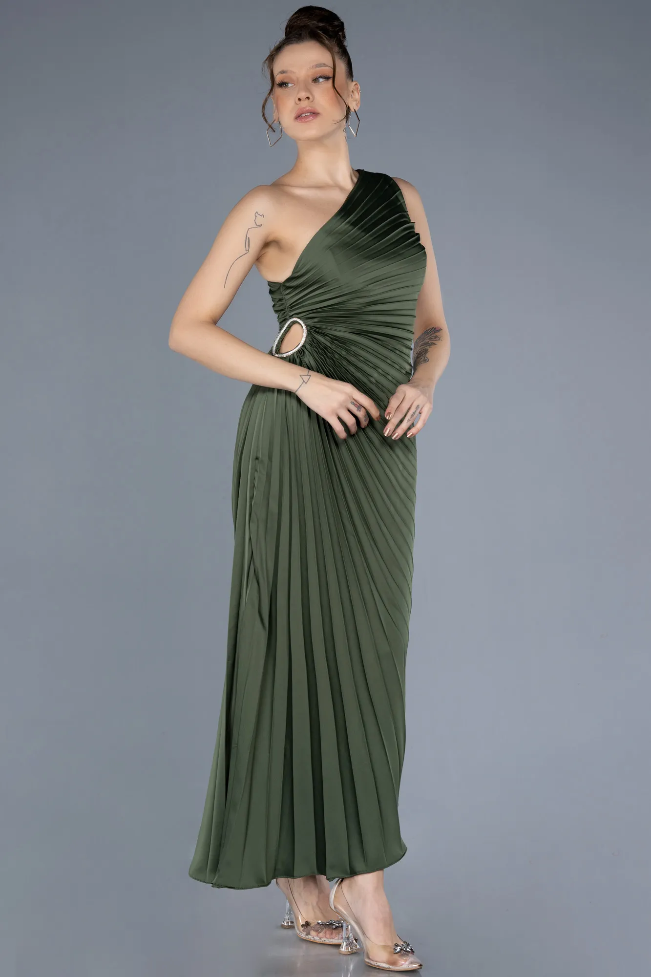 Olive Drab-One Shoulder Midi Satin Cocktail Dress ABK2046