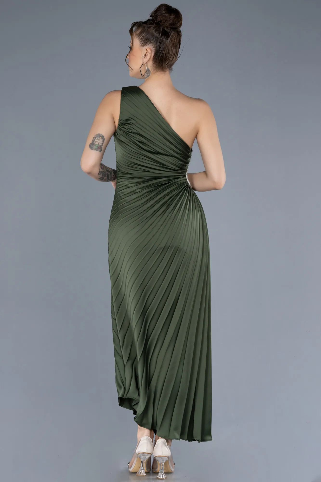 Olive Drab-One Shoulder Midi Satin Cocktail Dress ABK2046