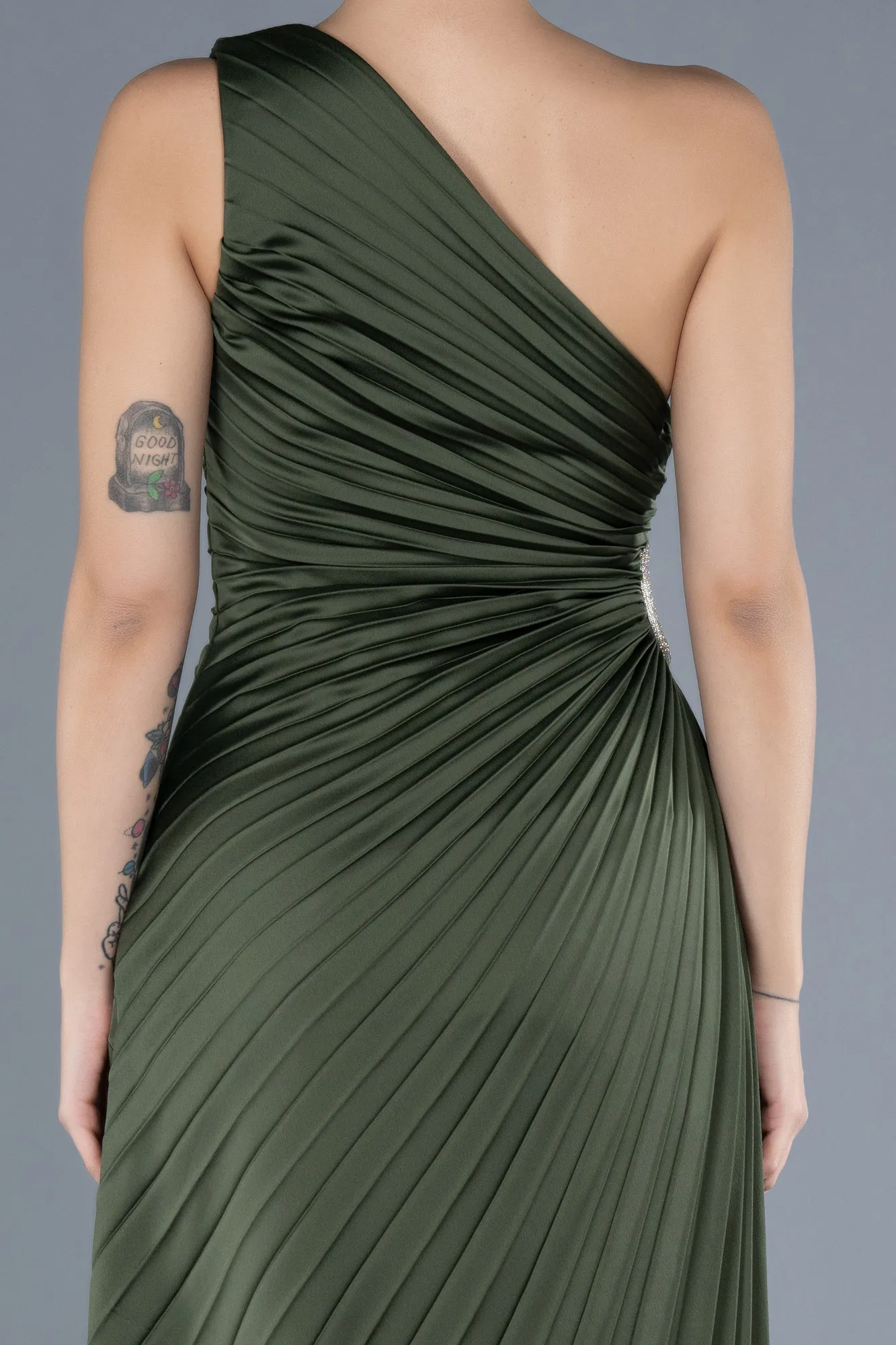 Olive Drab-One Shoulder Midi Satin Cocktail Dress ABK2046