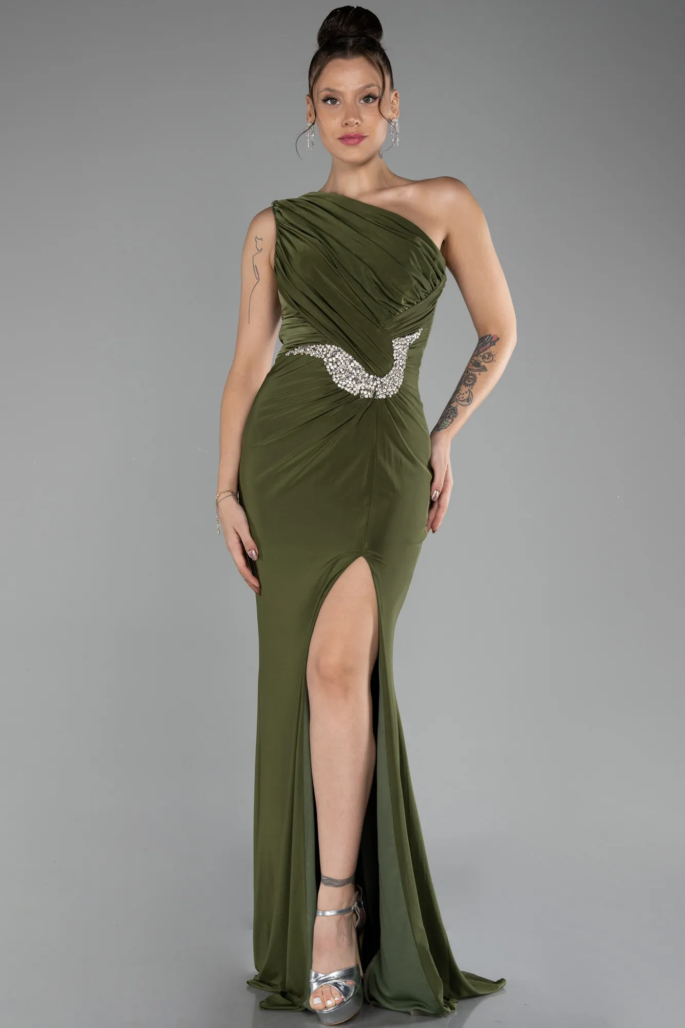 Olive Drab-One Shoulder Slit Long Evening Dress ABU4116