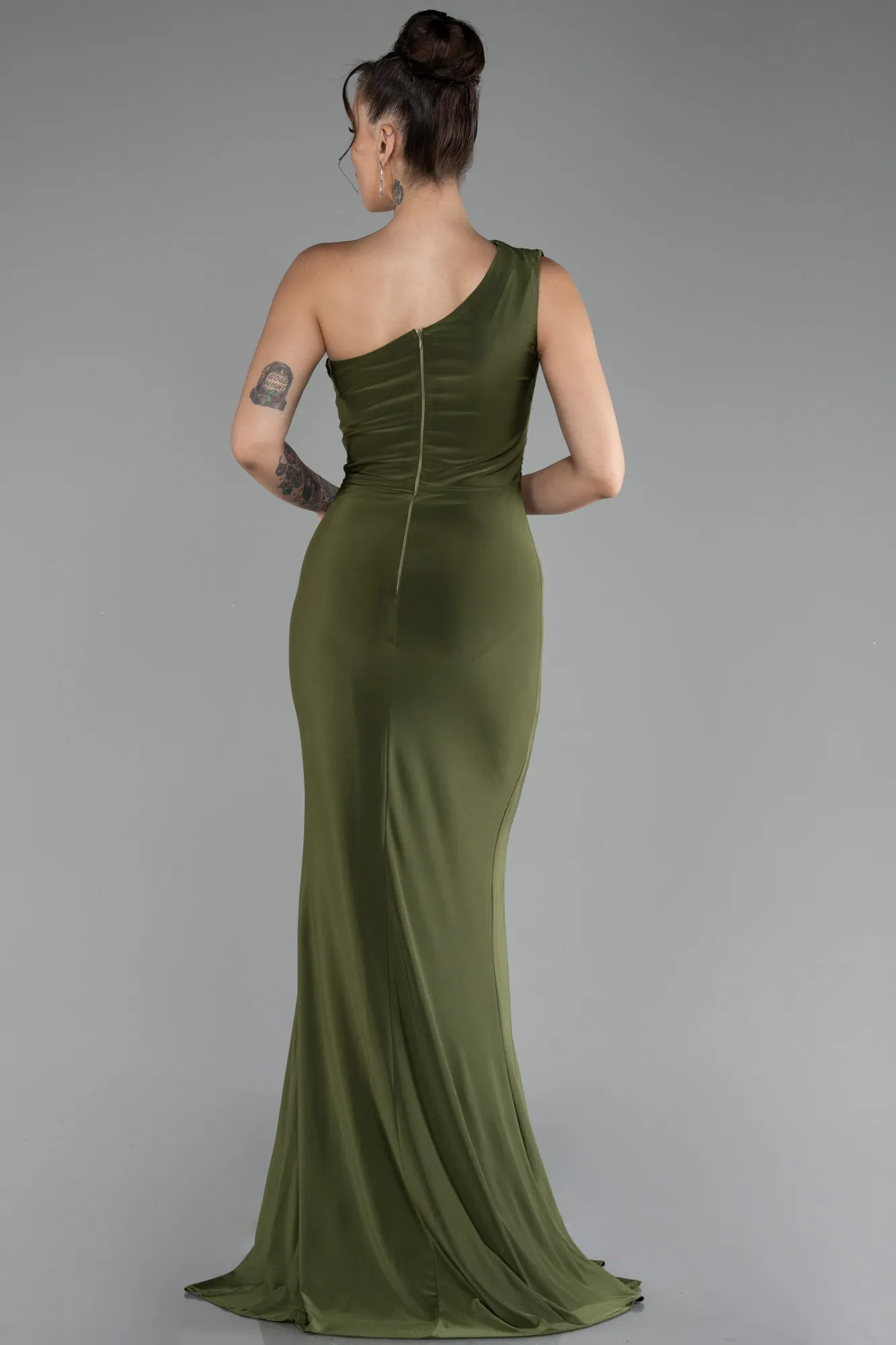 Olive Drab-One Shoulder Slit Long Evening Dress ABU4116