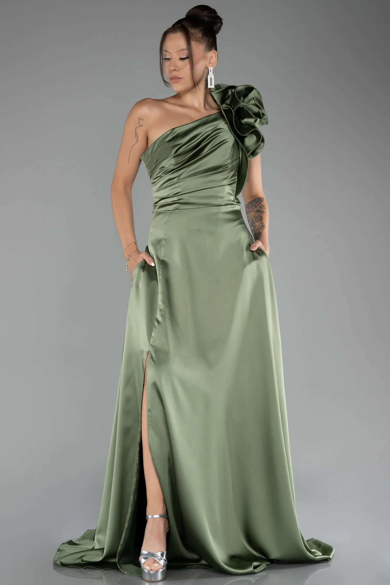 Olive Drab-One Shoulder Slit Long Satin Evening Dress ABU4092