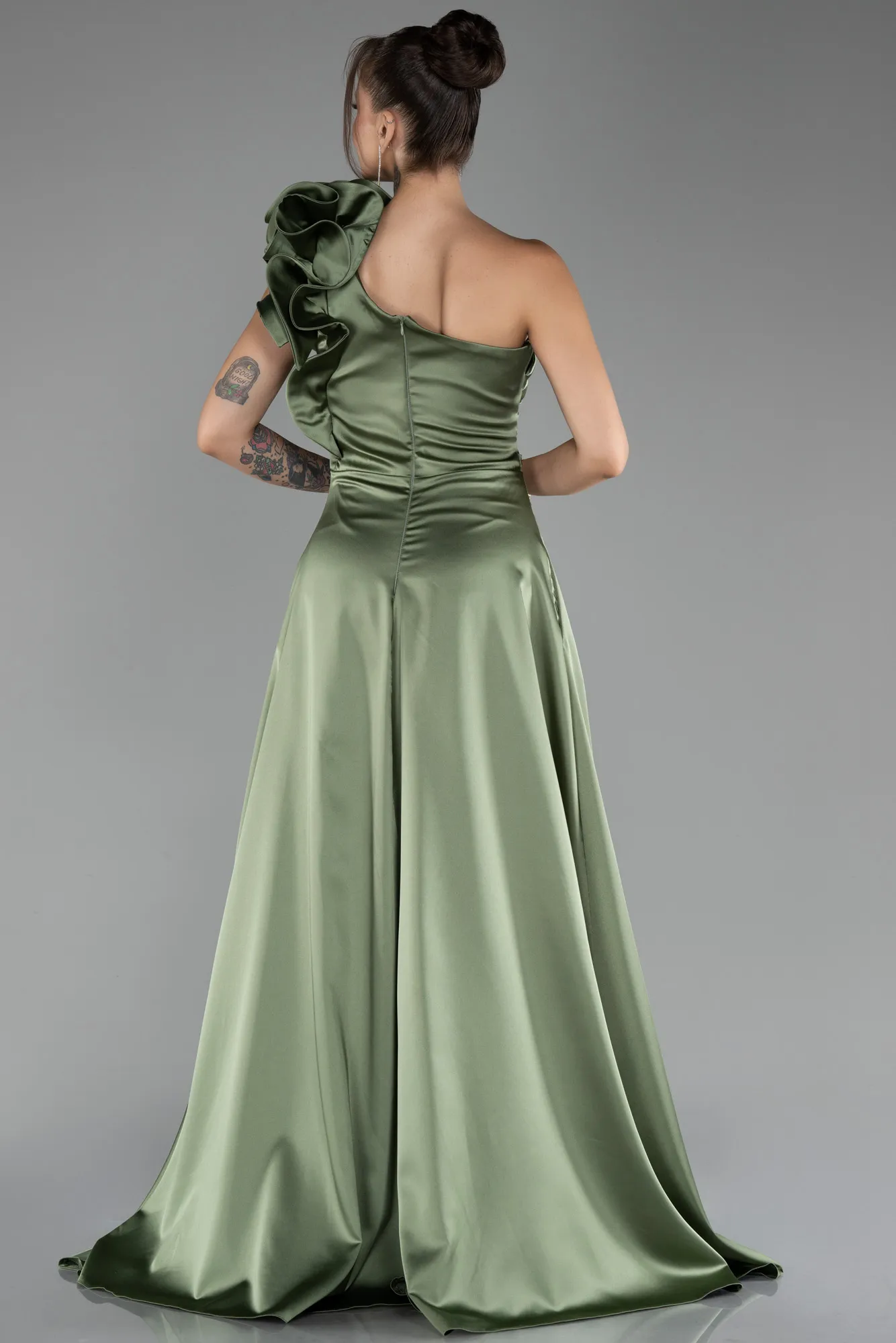 Olive Drab-One Shoulder Slit Long Satin Evening Dress ABU4092