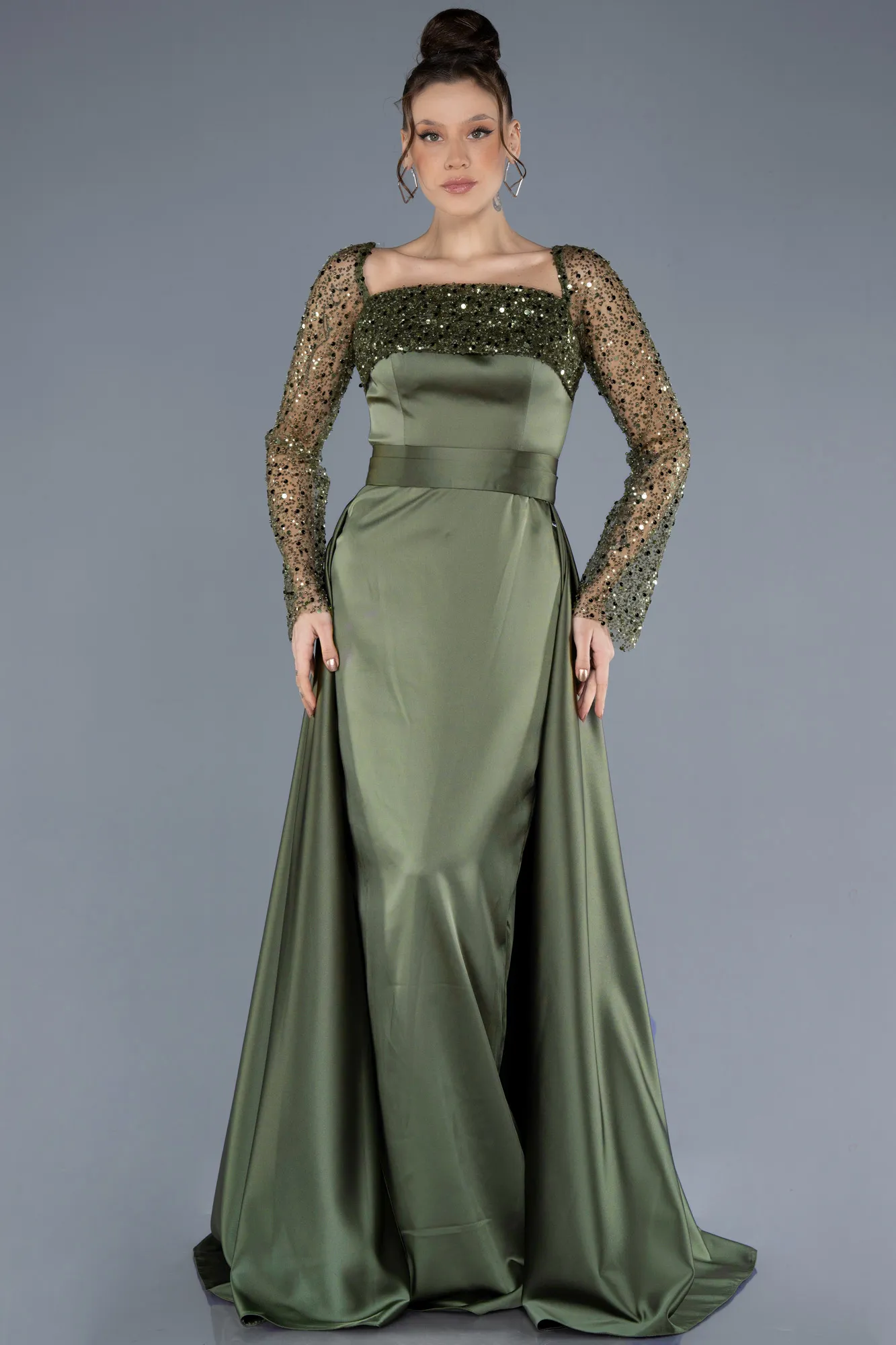 Olive Drab-Scaly Long Sleeve Satin Tail Evening Gown ABU4583