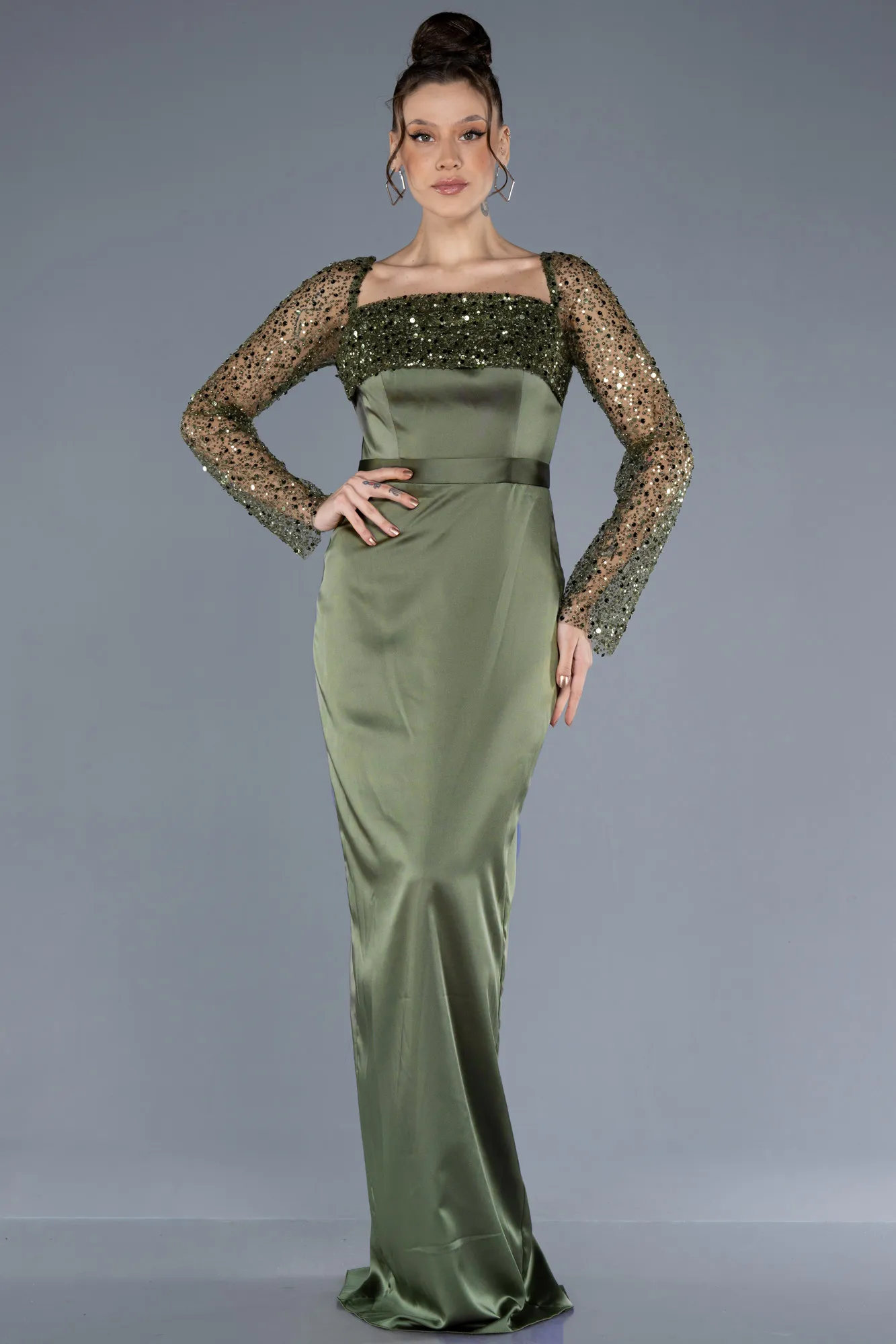 Olive Drab-Scaly Long Sleeve Satin Tail Evening Gown ABU4583