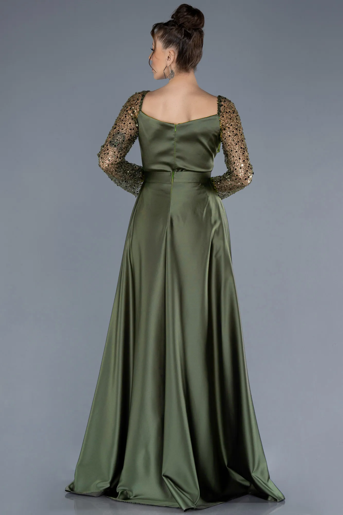 Olive Drab-Scaly Long Sleeve Satin Tail Evening Gown ABU4583