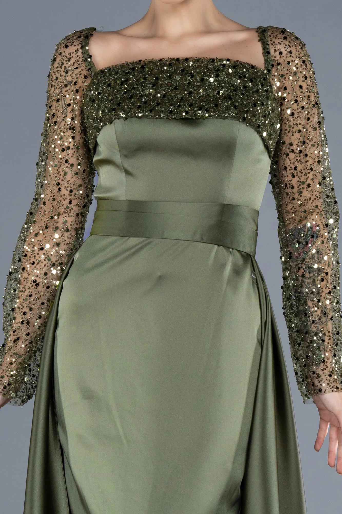 Olive Drab-Scaly Long Sleeve Satin Tail Evening Gown ABU4583