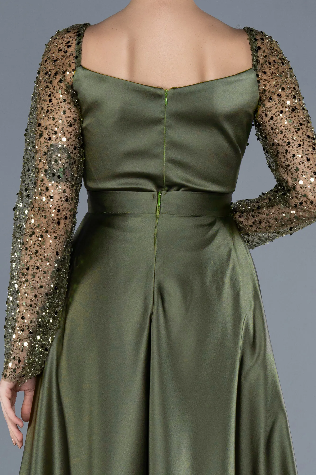 Olive Drab-Scaly Long Sleeve Satin Tail Evening Gown ABU4583