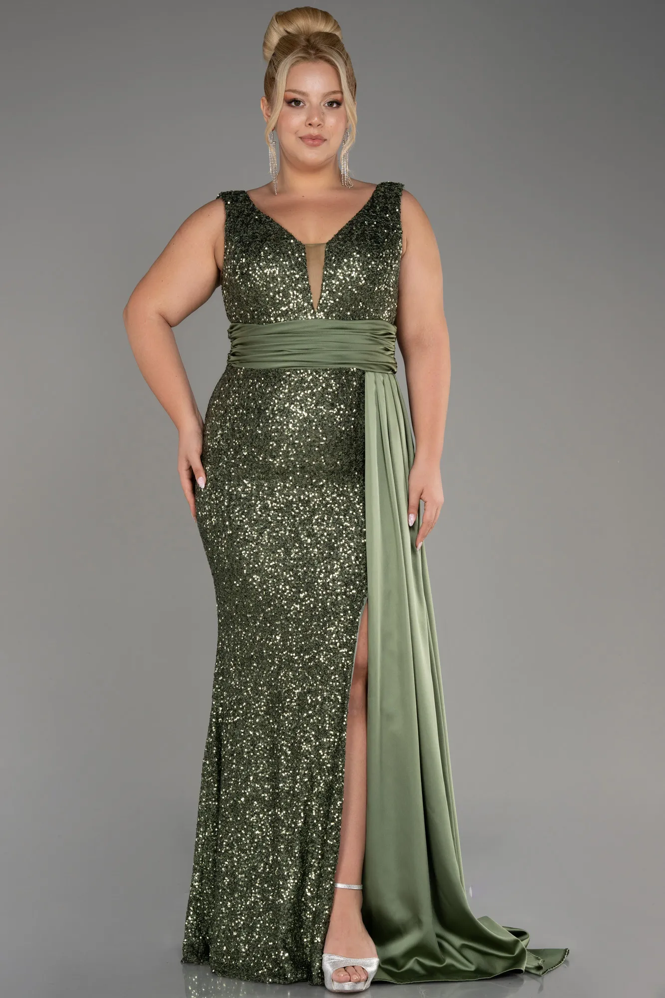 Olive Drab-Sequin Long Sleeve Chiffon Evening Dress ABU4030