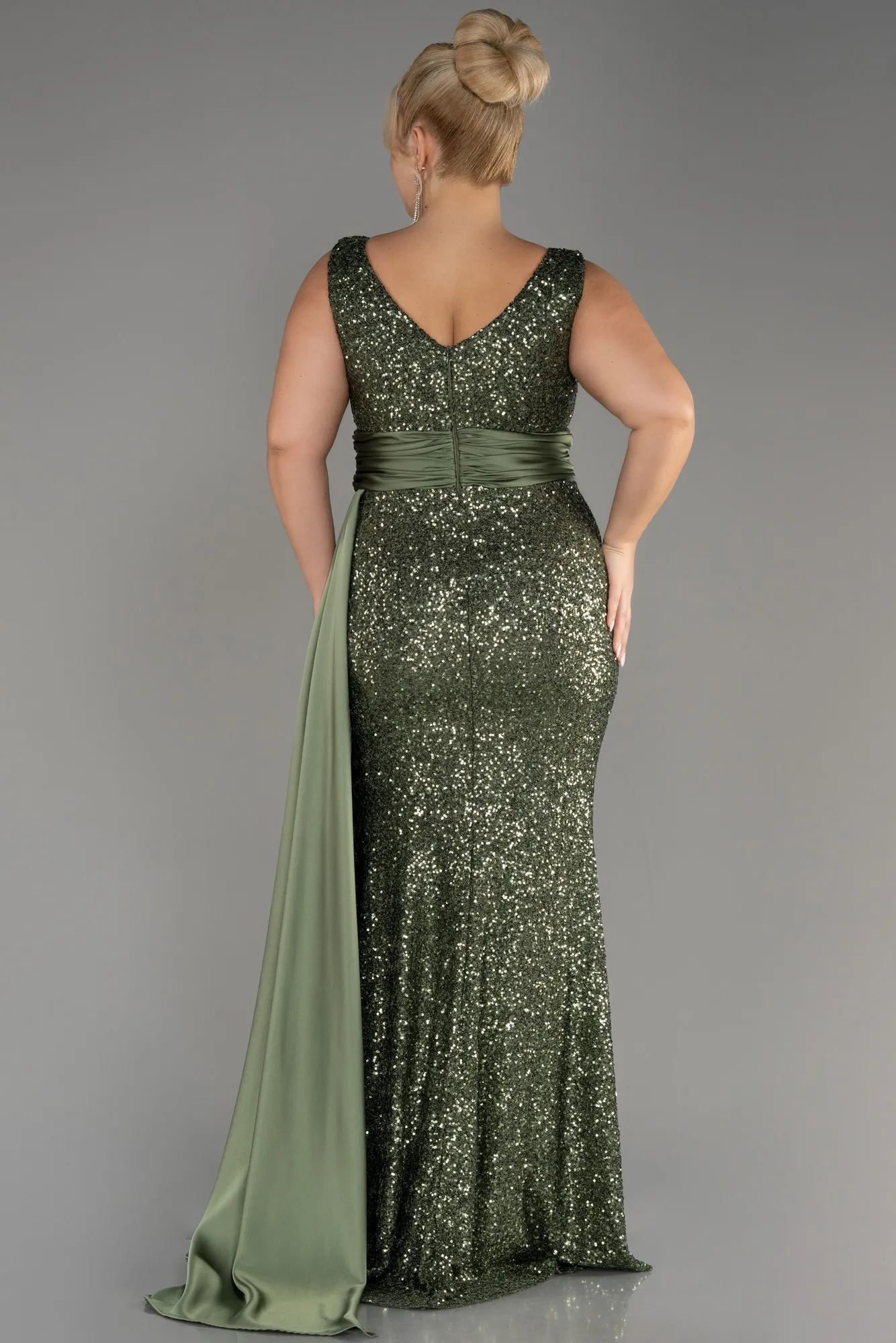 Olive Drab-Sequin Long Sleeve Chiffon Evening Dress ABU4030