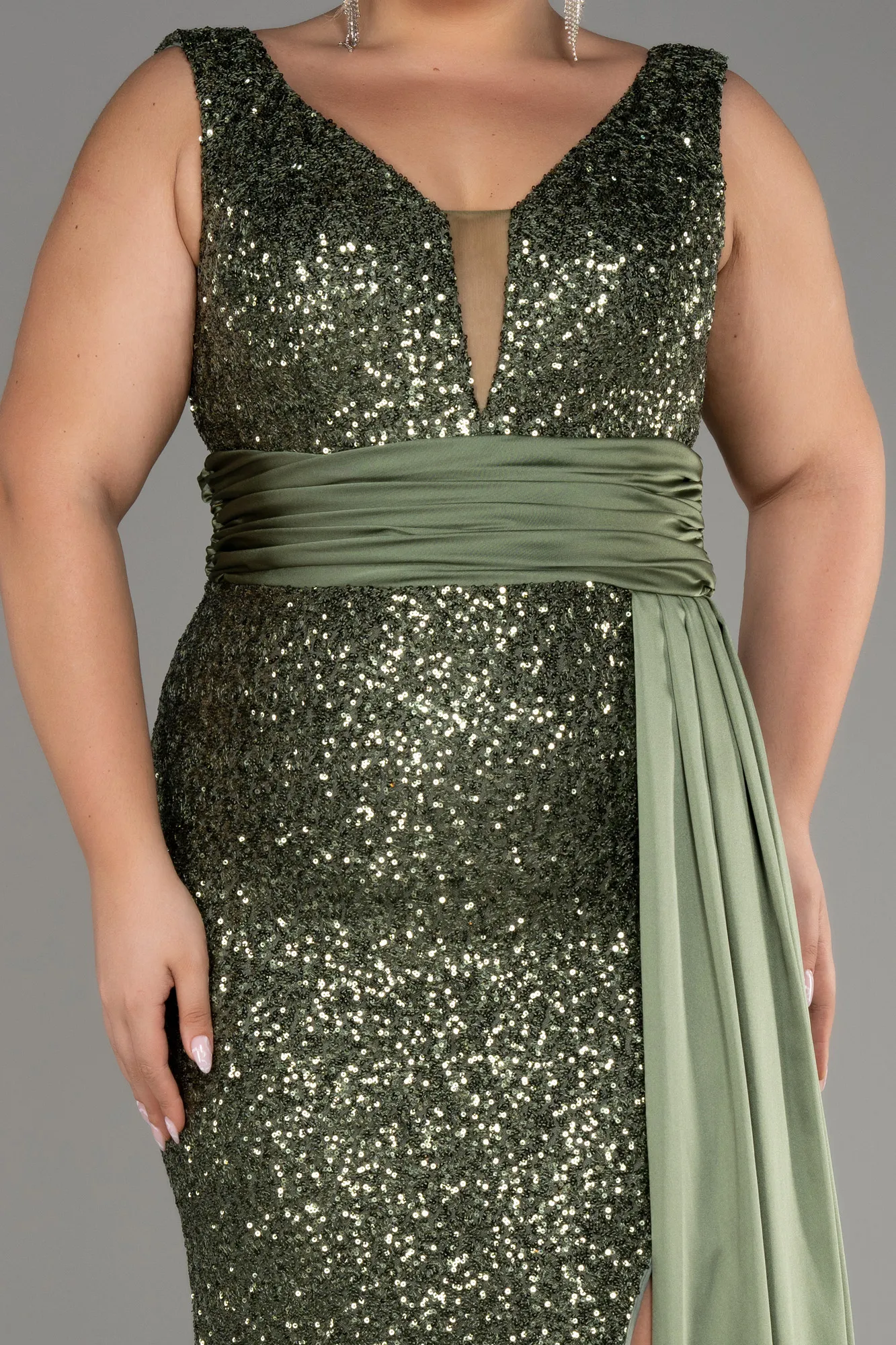 Olive Drab-Sequin Long Sleeve Chiffon Evening Dress ABU4030