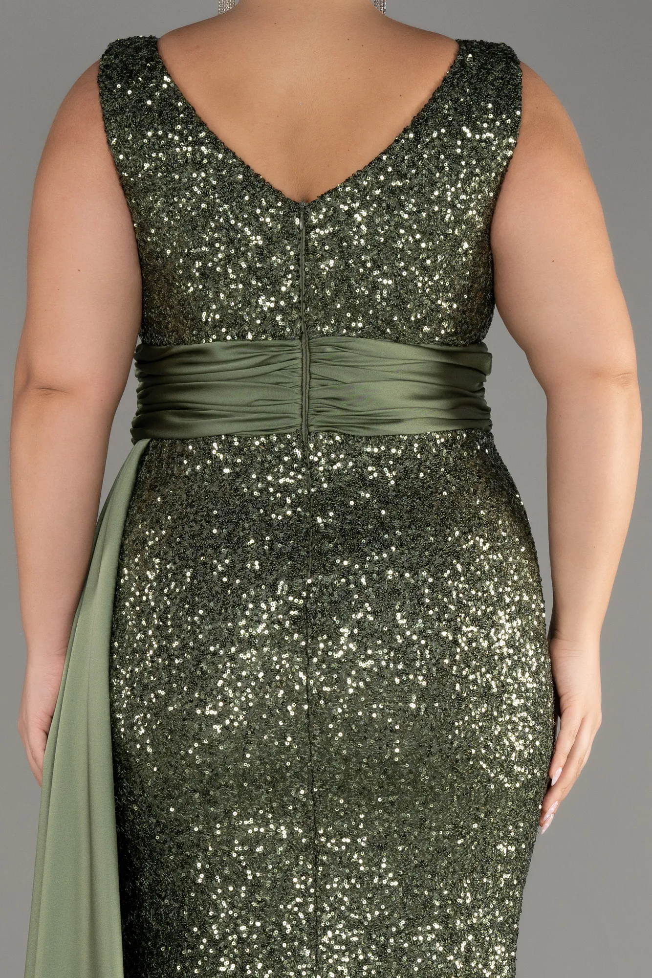 Olive Drab-Sequin Long Sleeve Chiffon Evening Dress ABU4030