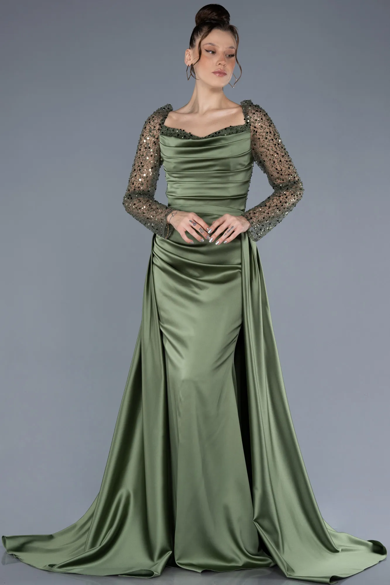 Olive Drab-Sequin Long Sleeves Tail Satin Mermaid Evening Gown ABU4332