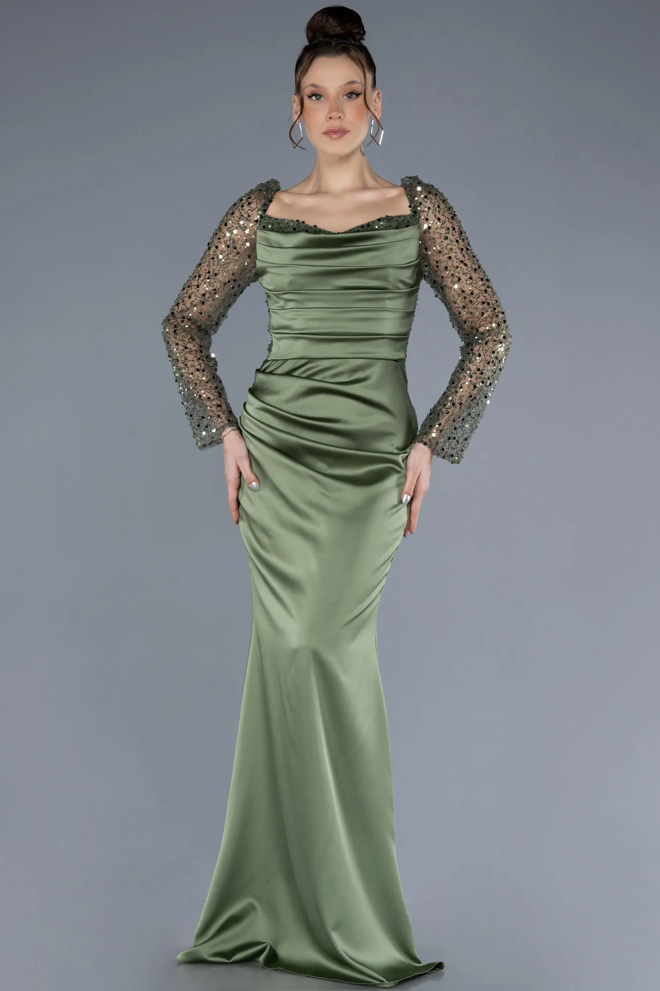 Olive Drab-Sequin Long Sleeves Tail Satin Mermaid Evening Gown ABU4332