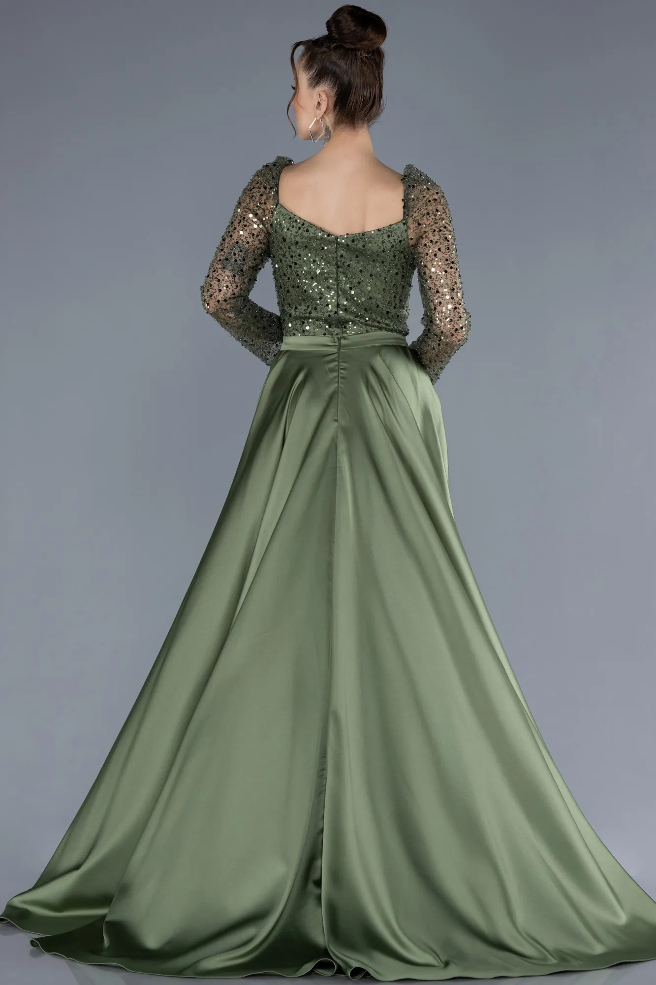 Olive Drab-Sequin Long Sleeves Tail Satin Mermaid Evening Gown ABU4332