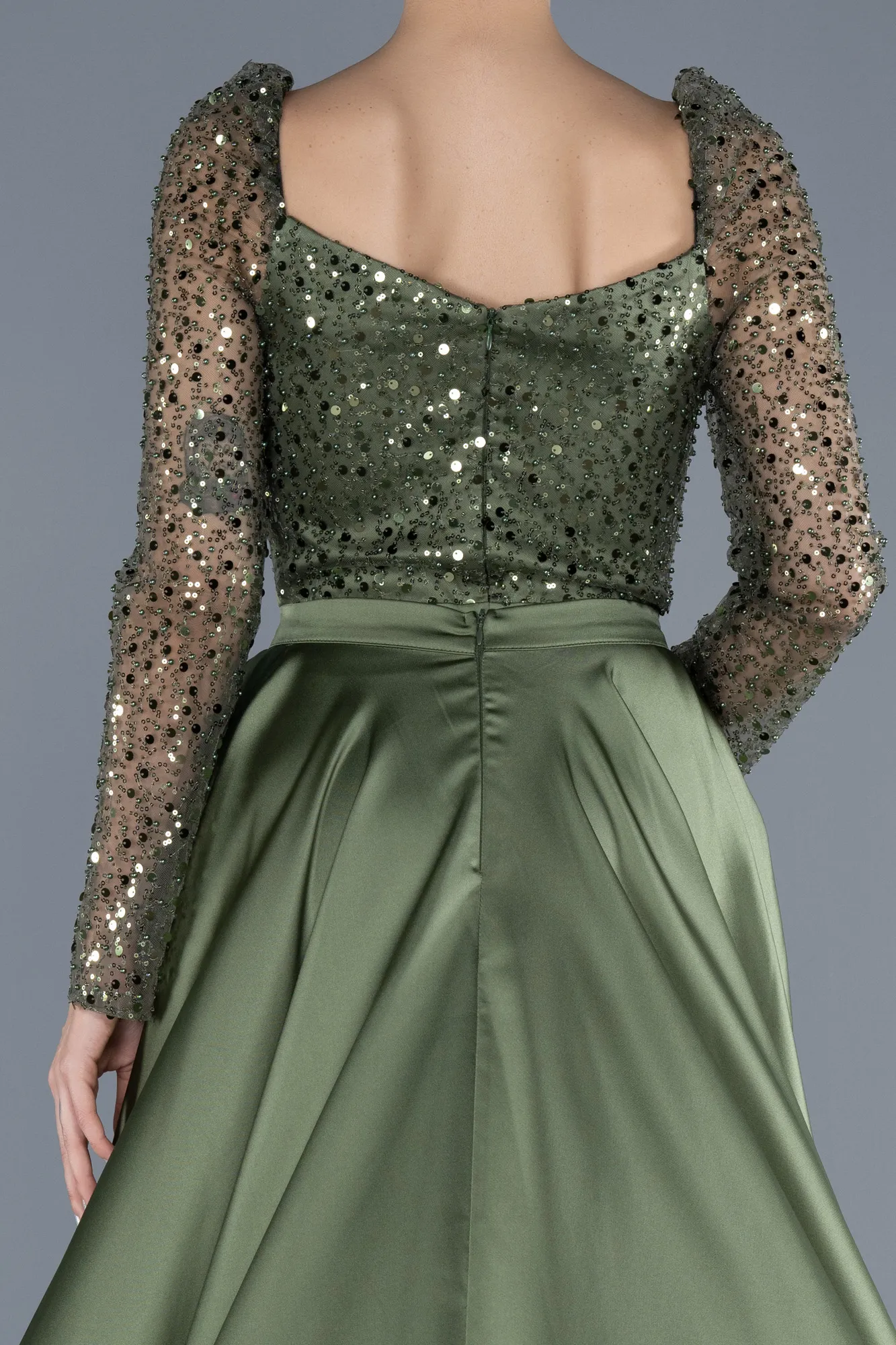 Olive Drab-Sequin Long Sleeves Tail Satin Mermaid Evening Gown ABU4332